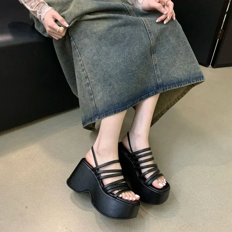 Aiertu Silver Wedge Sandals Women Platform Shoes Black Belt High Heels Gladiator Chunky Heeled  Summer Wedges