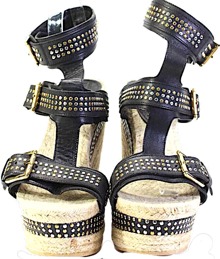 Alexander McQueen UK. Black Espadrille Stud Wedge Heels Sandals Shoes Size 10