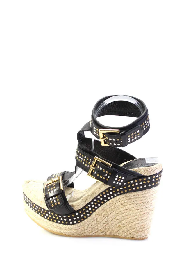 Alexander McQueen UK. Black Espadrille Stud Wedge Heels Sandals Shoes Size 10