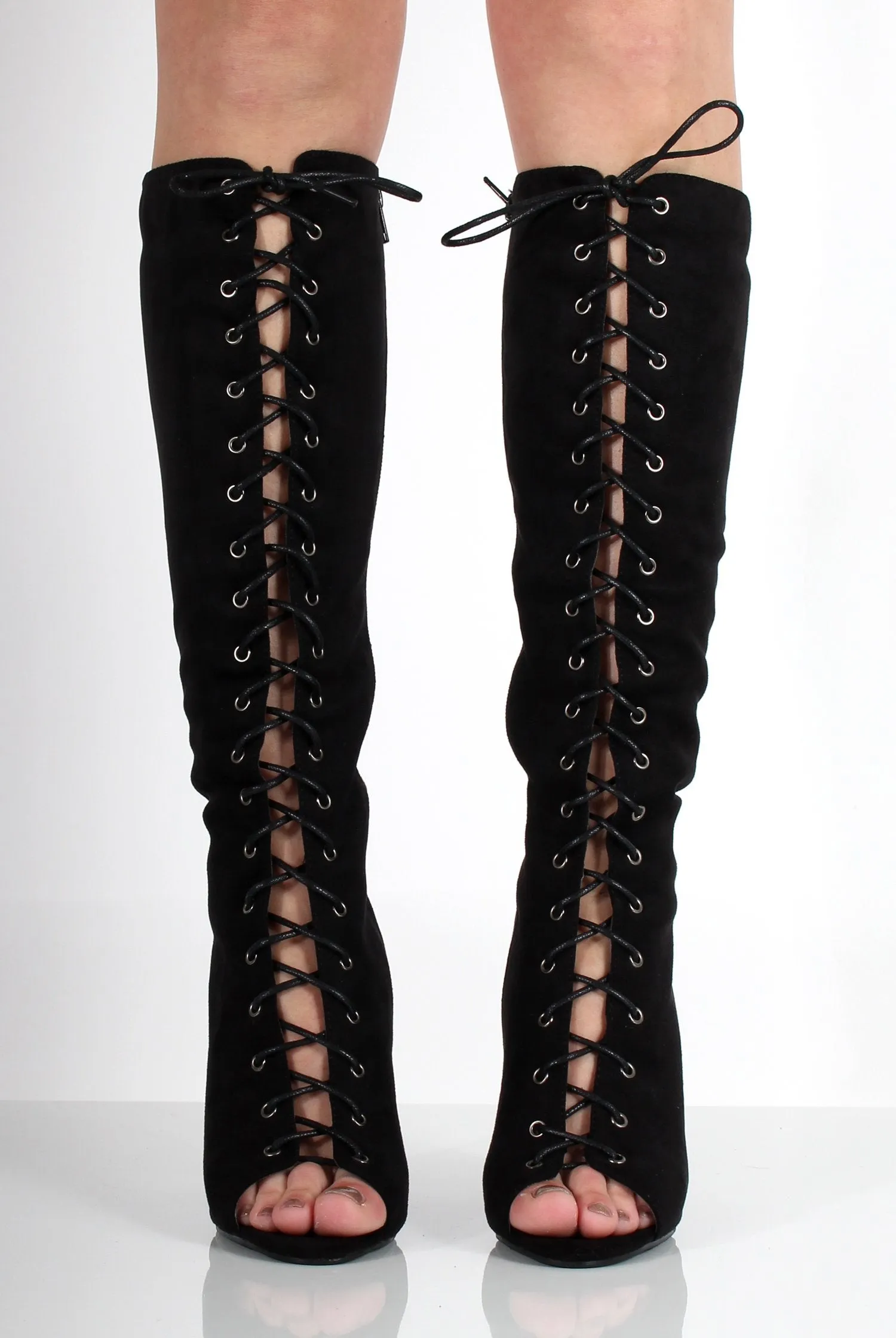 Alicia Black Suede Knee High Lace Up Boots