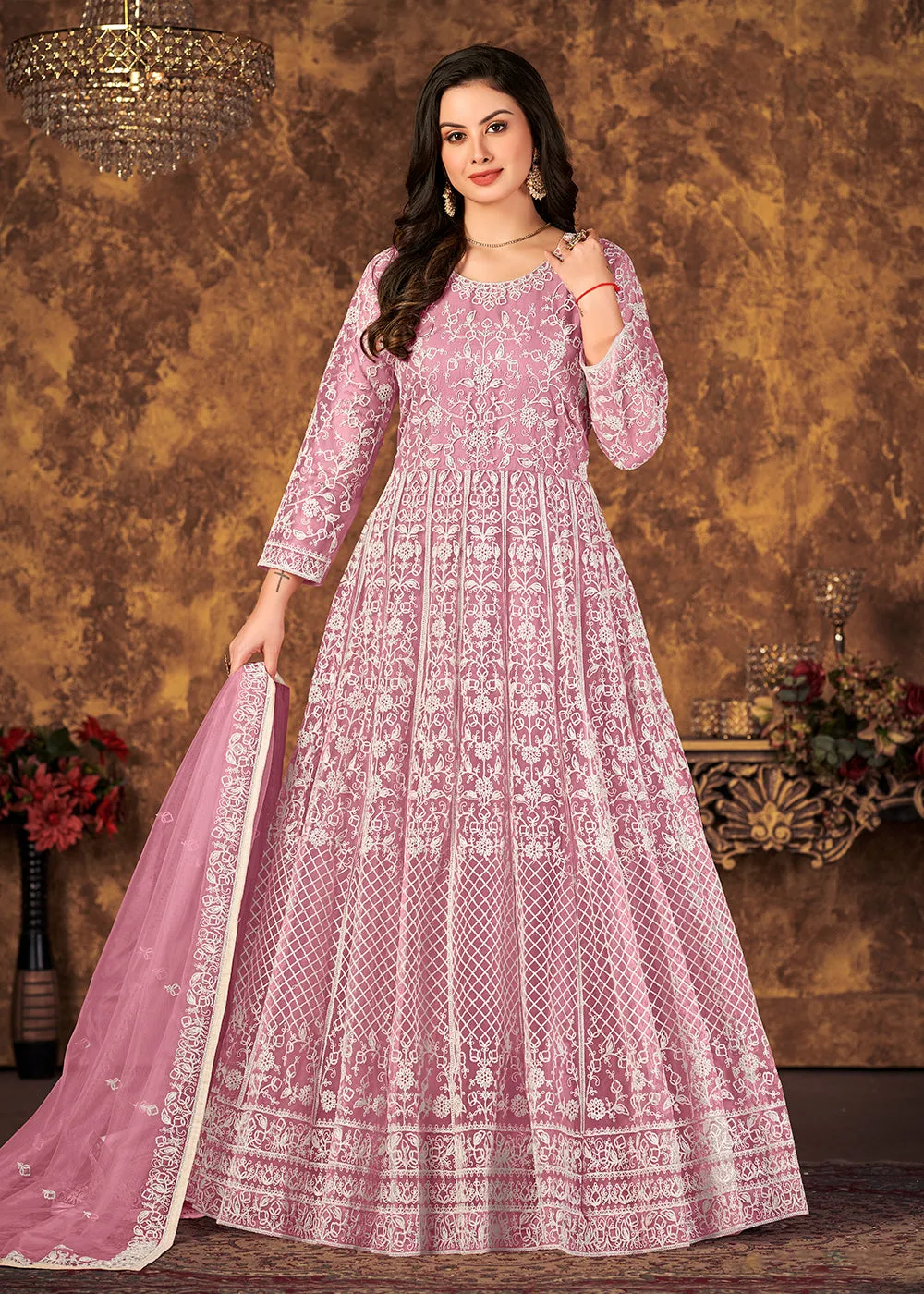 Alluring Pink Cording Embroidered Wedding Anarkali Dress