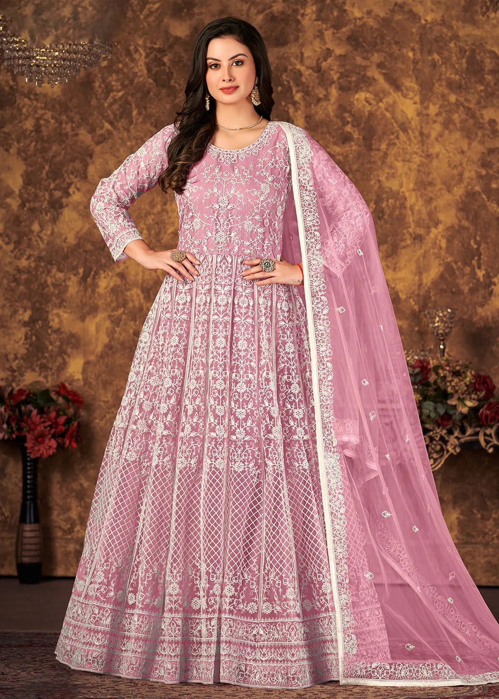 Alluring Pink Cording Embroidered Wedding Anarkali Dress