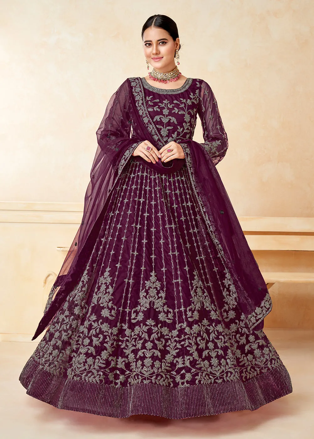 Alluring Wine Purple Net Wedding Wear Anarkali Dress