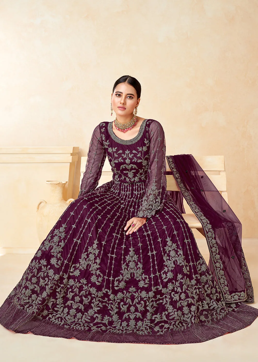 Alluring Wine Purple Net Wedding Wear Anarkali Dress