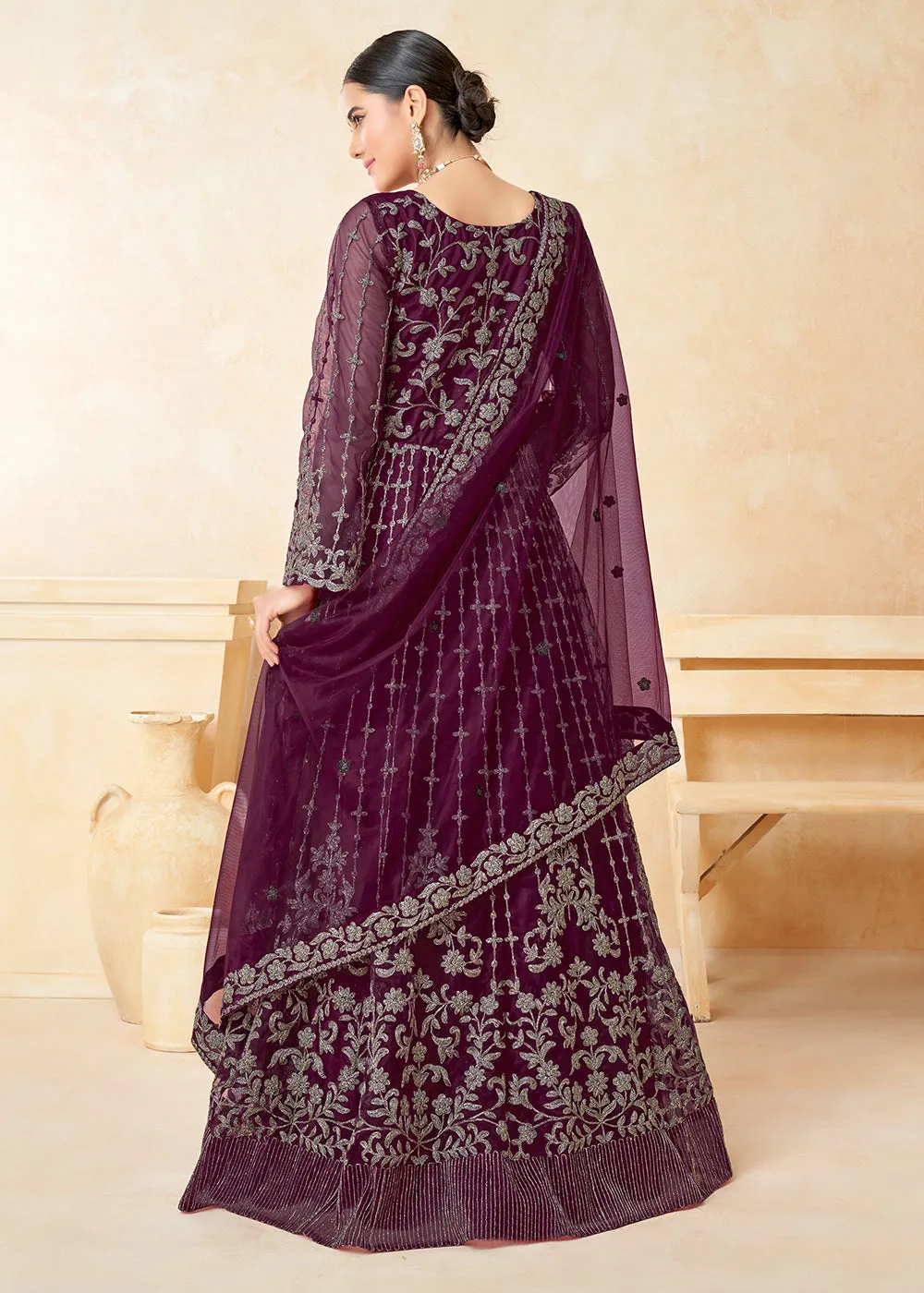 Alluring Wine Purple Net Wedding Wear Anarkali Dress