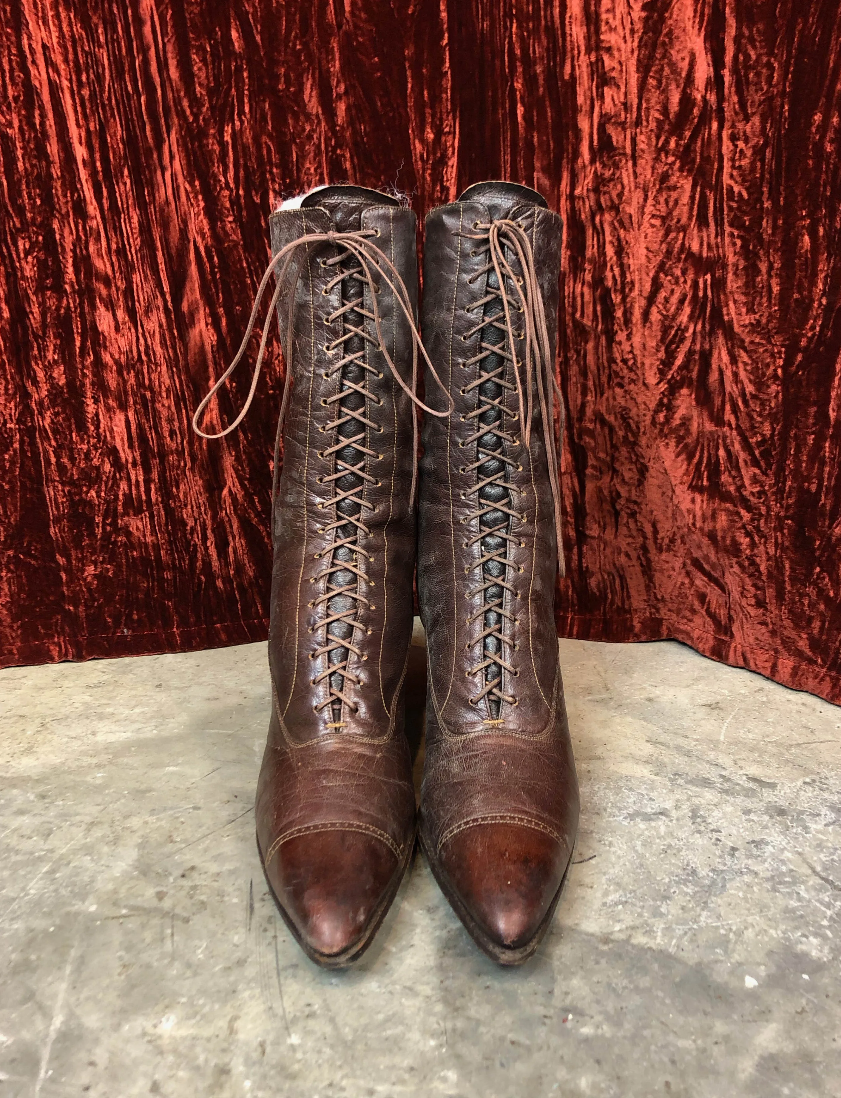 Antique Turn Of The Century Victorian Edwardian Brown Leather Lace Up Boots - Women's 7