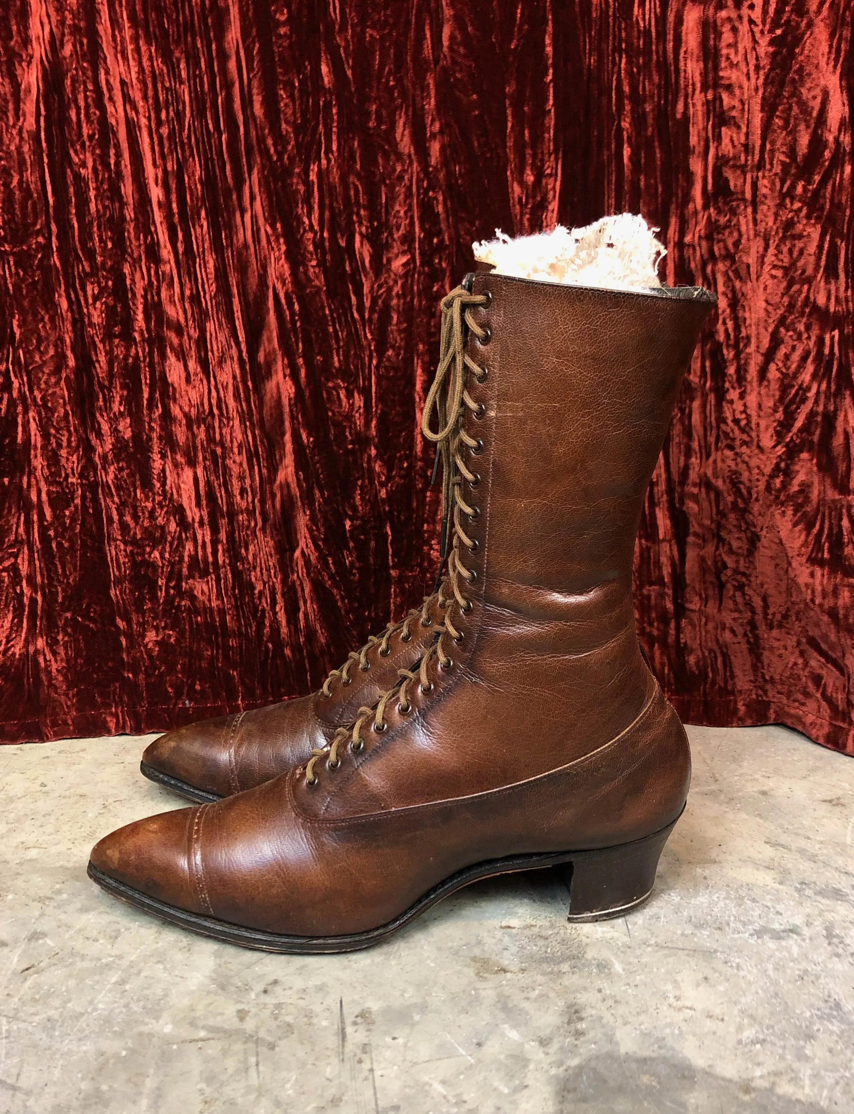 Antique Turn Of The Century Victorian Edwardian Brown Leather Lace Up Boots - Women's 7