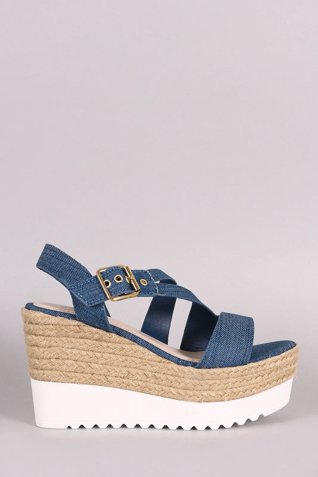 Bamboo Denim Asymmetrical Strappy Flatform Wedge