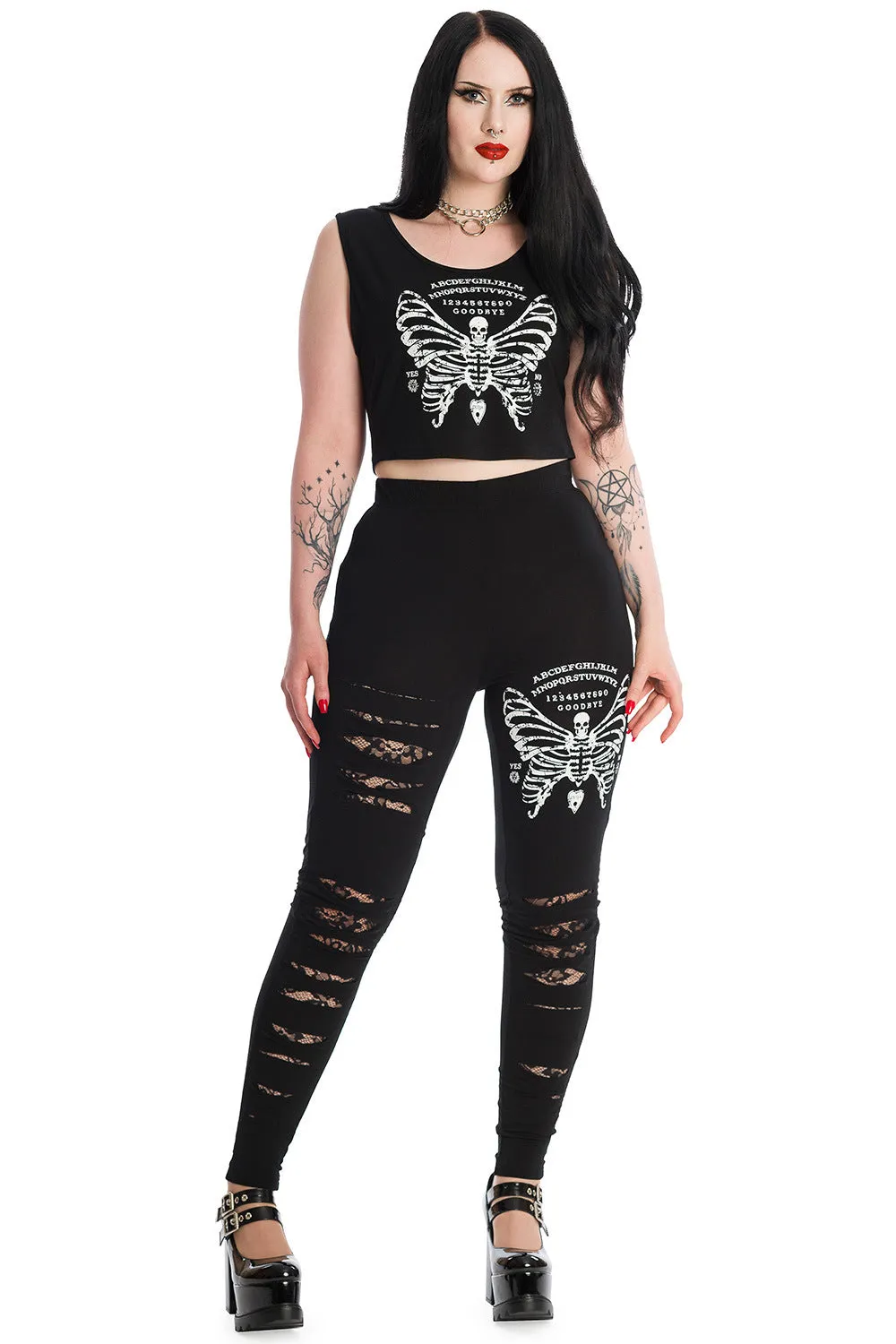 Banned Butterfly Skeleton Leggings in Black with Lace Slash detail STRETCHY