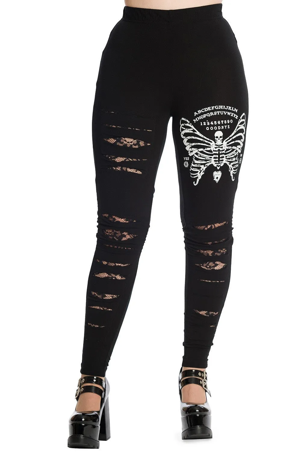 Banned Butterfly Skeleton Leggings in Black with Lace Slash detail STRETCHY