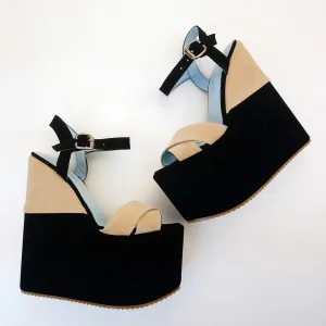 Black Cream Velvet Ankle Strap Platform Wedge Sandals