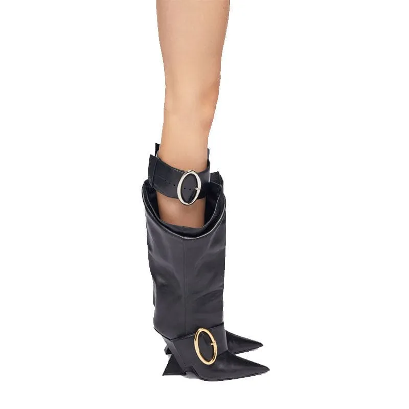 Black Leather Knee-high Boots with Pointed Toe and Unique High Wedge