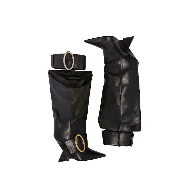 Black Leather Knee-high Boots with Pointed Toe and Unique High Wedge