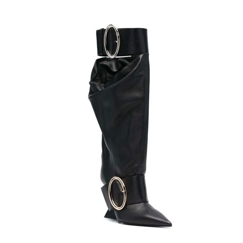 Black Leather Knee-high Boots with Pointed Toe and Unique High Wedge