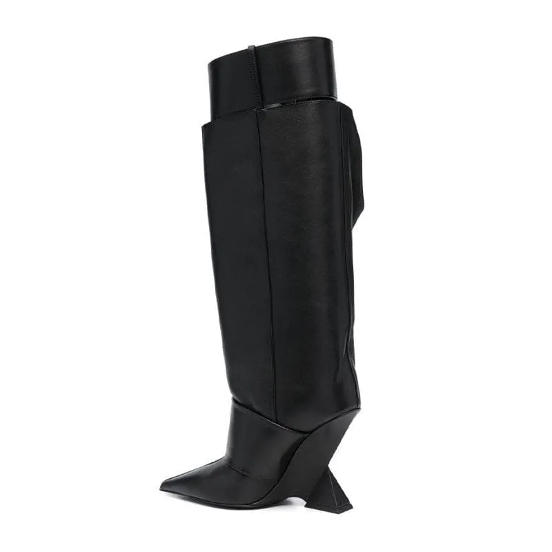 Black Leather Knee-high Boots with Pointed Toe and Unique High Wedge