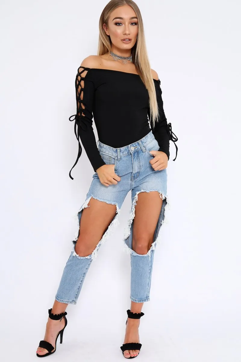 Black Ribbed Bardot Lace up Sleeve Top - Phoenix