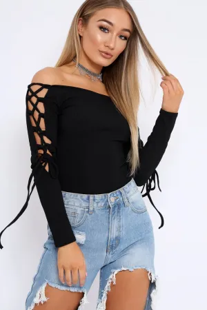 Black Ribbed Bardot Lace up Sleeve Top - Phoenix