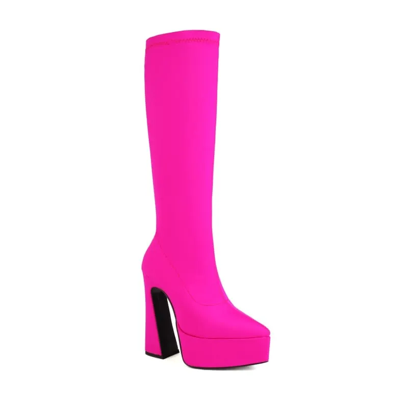 Bright Purple Unisex Knee High Platform Heel Pointed Boots in Satin Style