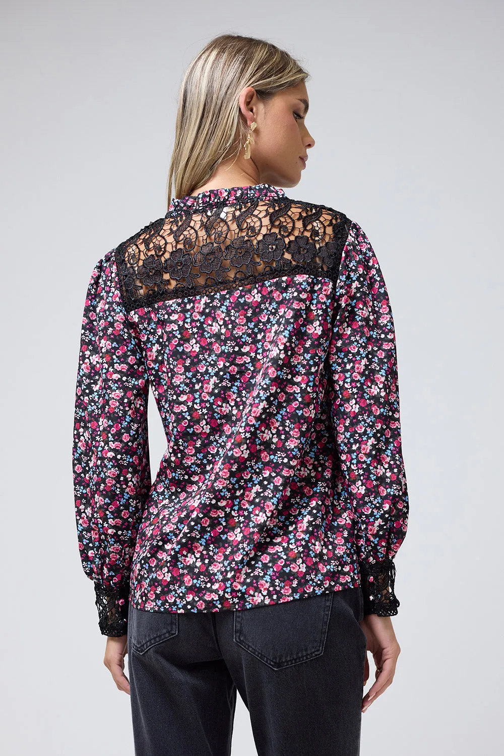 Celina Floral Print Long Sleeve Button-Up Blouse in Pink with black lace panels