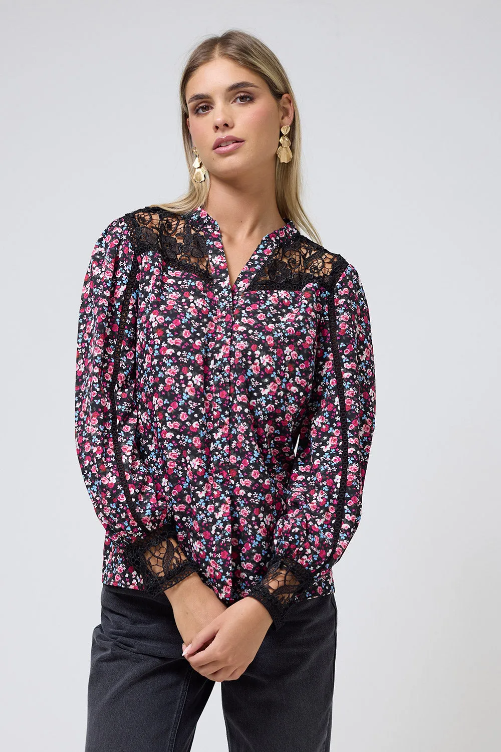 Celina Floral Print Long Sleeve Button-Up Blouse in Pink with black lace panels