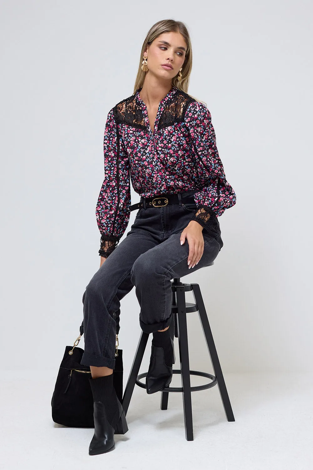 Celina Floral Print Long Sleeve Button-Up Blouse in Pink with black lace panels