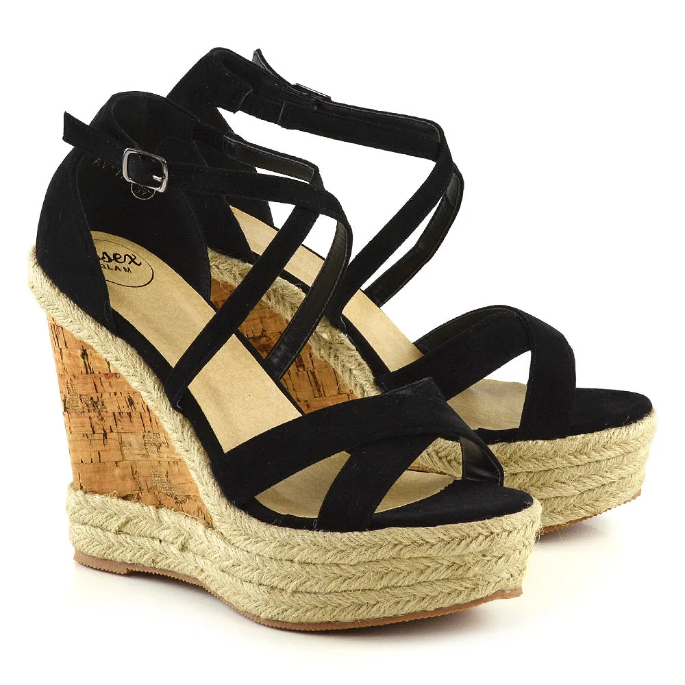 CHANCE WOVEN DETAIL STRAPPY WEDGE HEEL PLATFORM SANDALS IN BLACK FAUX SUEDE