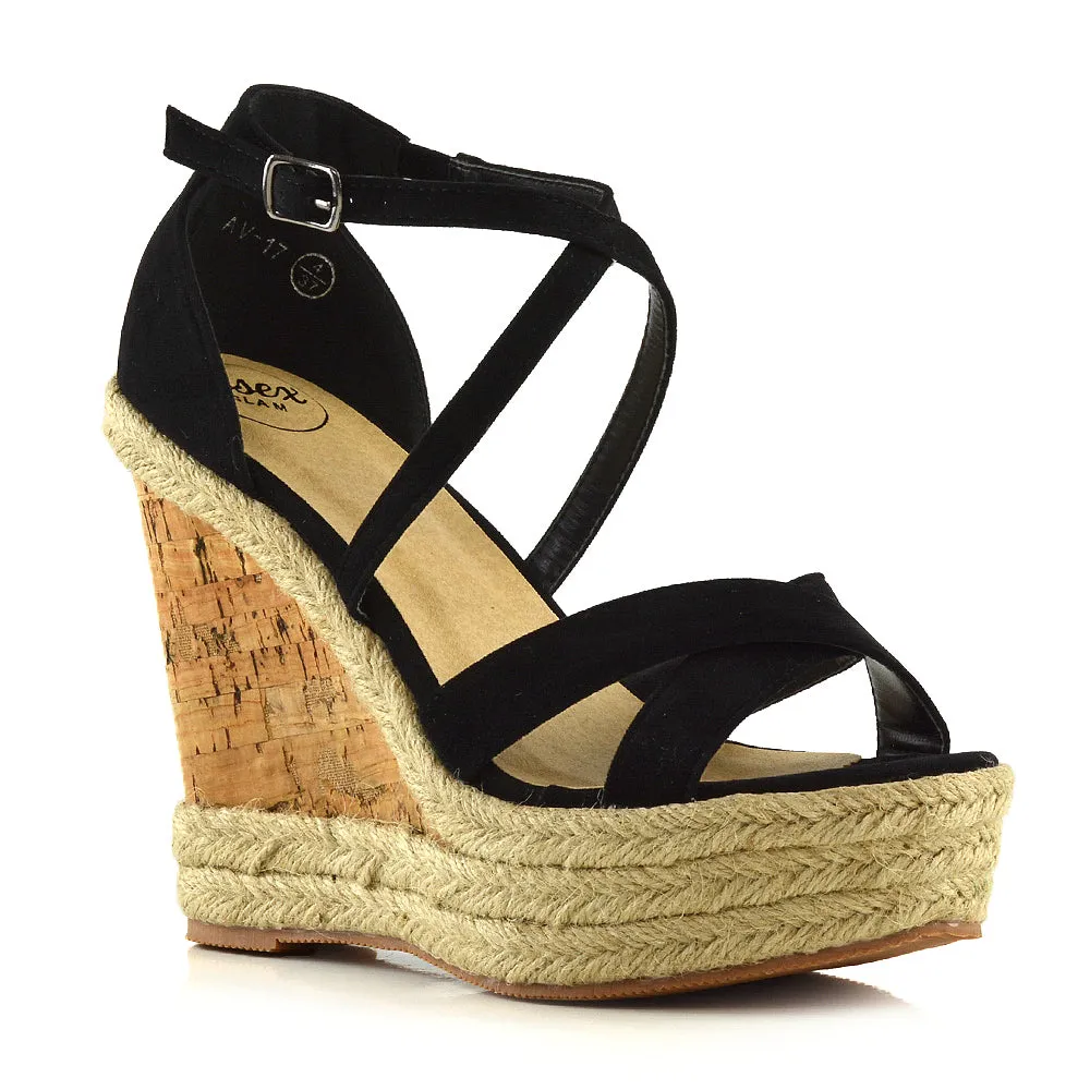 CHANCE WOVEN DETAIL STRAPPY WEDGE HEEL PLATFORM SANDALS IN BLACK FAUX SUEDE