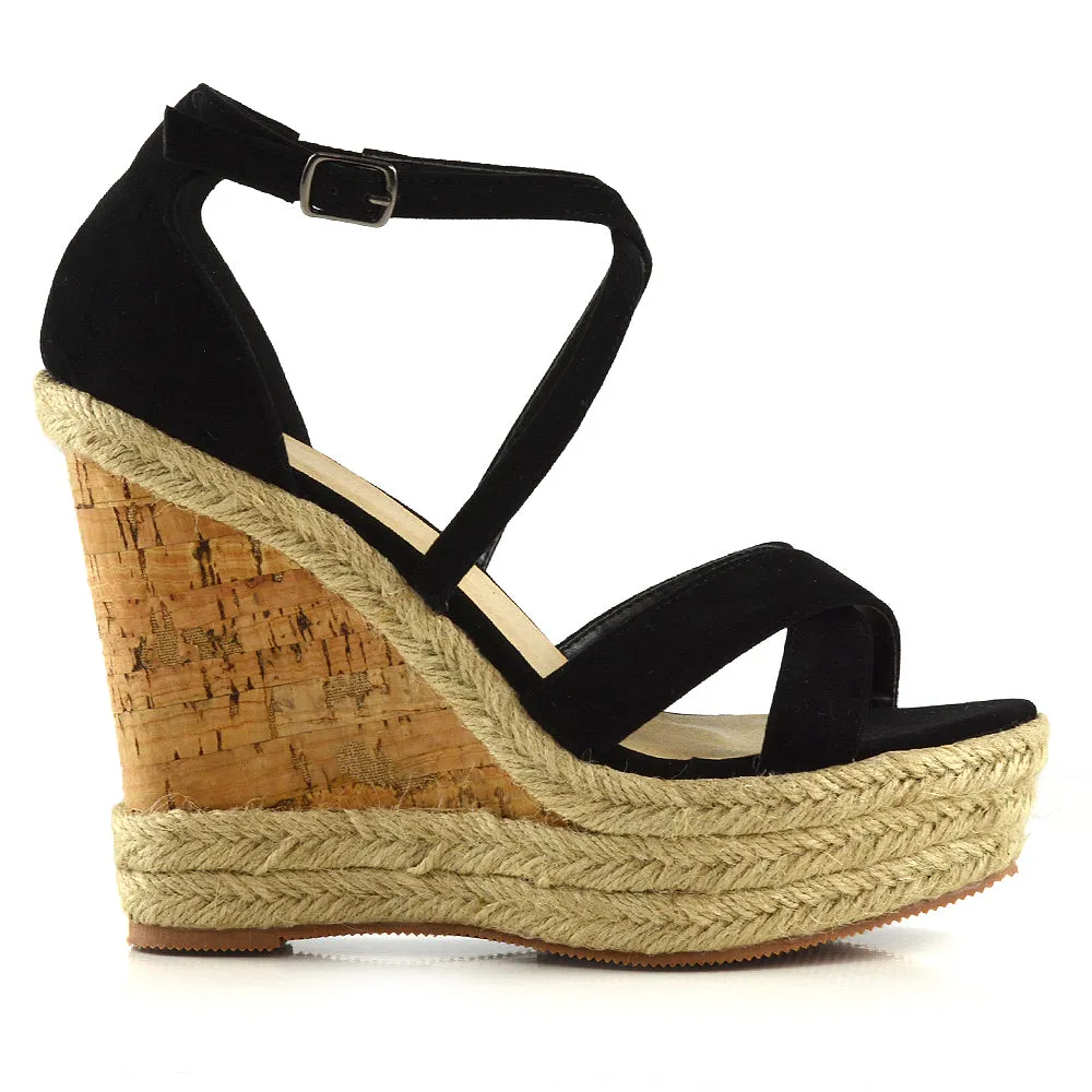 CHANCE WOVEN DETAIL STRAPPY WEDGE HEEL PLATFORM SANDALS IN BLACK FAUX SUEDE