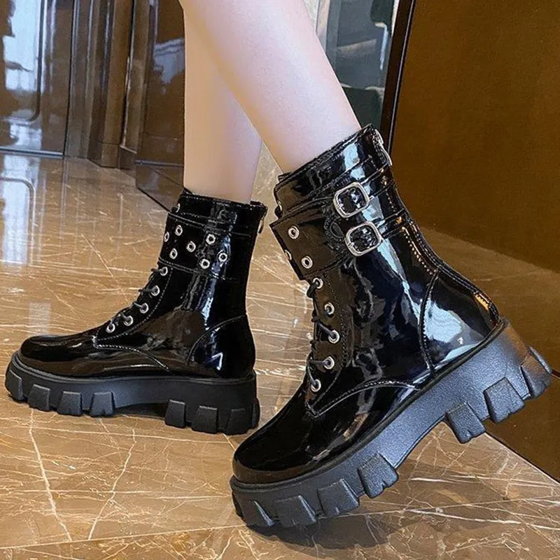 Christmas Gift Women Fashion Boots Wedge Platform Zipper Mid Calf Boots Ladies Waterproof Woman Shoes Autumn Boots With Heels Botas Female