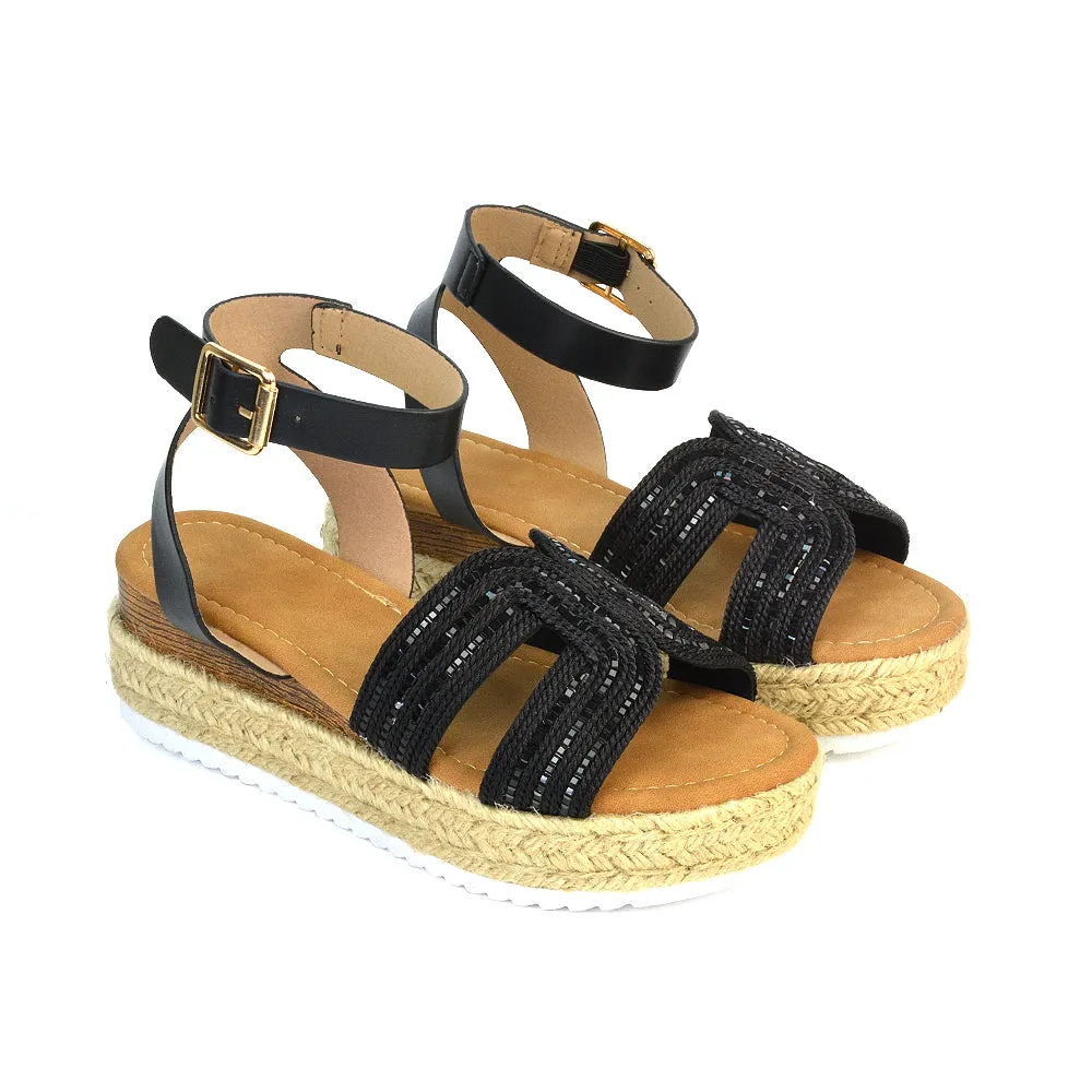 Clara Platform Wedge Heel Sandals Espadrille Diamante Flatforms in Black