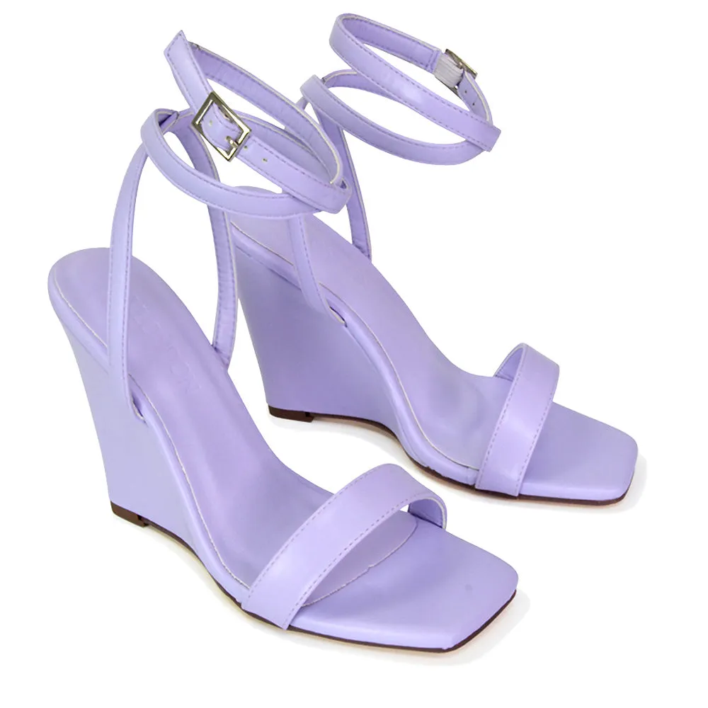 Collins Strappy Ankle Strap Wedge High Heels Square Toe Shoes in Pink