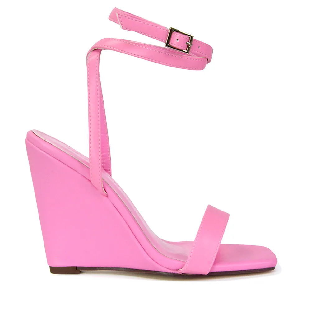 Collins Strappy Ankle Strap Wedge High Heels Square Toe Shoes in Pink