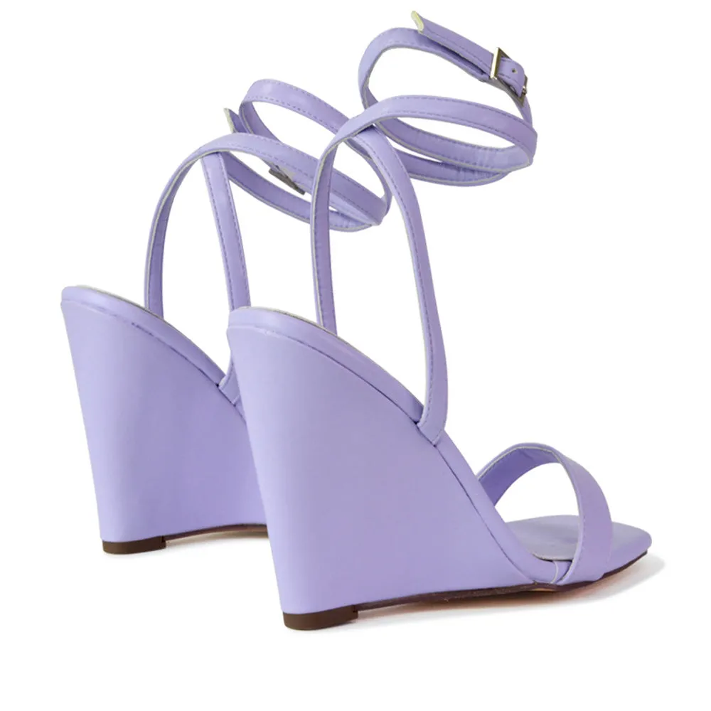 Collins Strappy Ankle Strap Wedge High Heels Square Toe Shoes in Pink