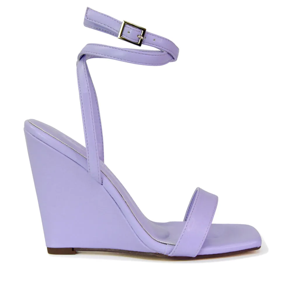 Collins Strappy Ankle Strap Wedge High Heels Square Toe Shoes in Pink