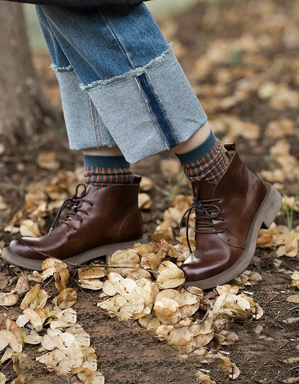 Cowhide Lace-up Autumn Leather Ankle Boots