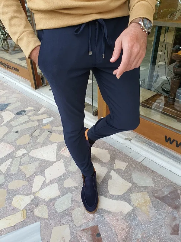 Dark Blue Slim Fit Lace Up Pants for Men by GentWith.com