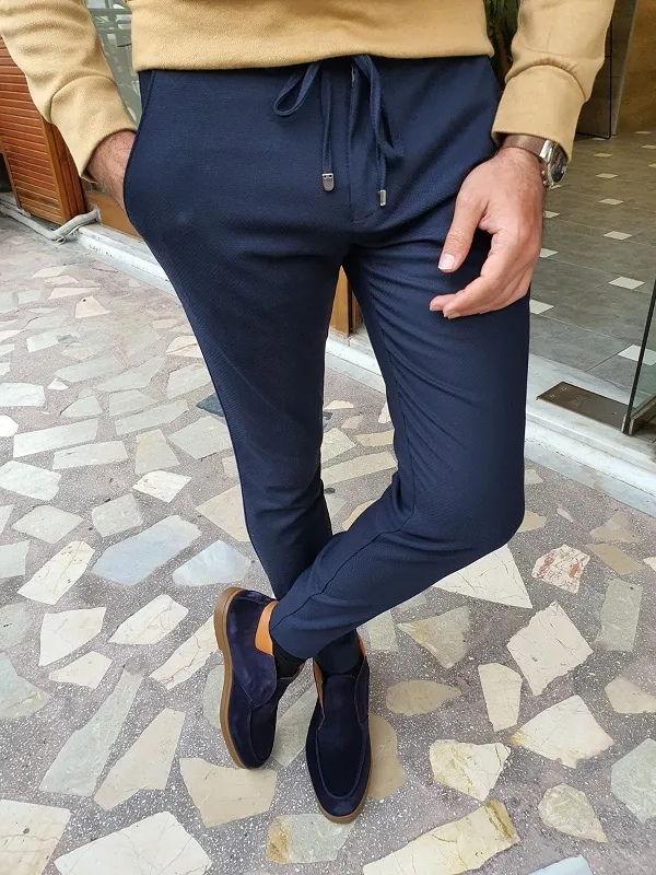 Dark Blue Slim Fit Lace Up Pants for Men by GentWith.com