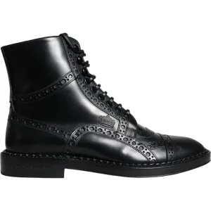 Dolce & Gabbana Black Leather Lace Up Mid Calf Boots Shoes