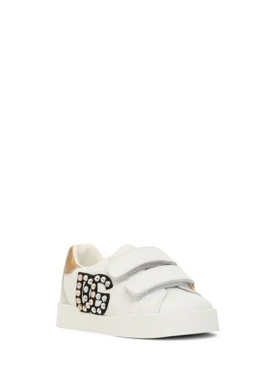 Dolce&amp;Gabbana   Embellished logo leather sneakers 