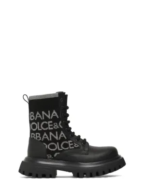 Dolce&amp;Gabbana   Intarsia logo knit &amp; leather boots 