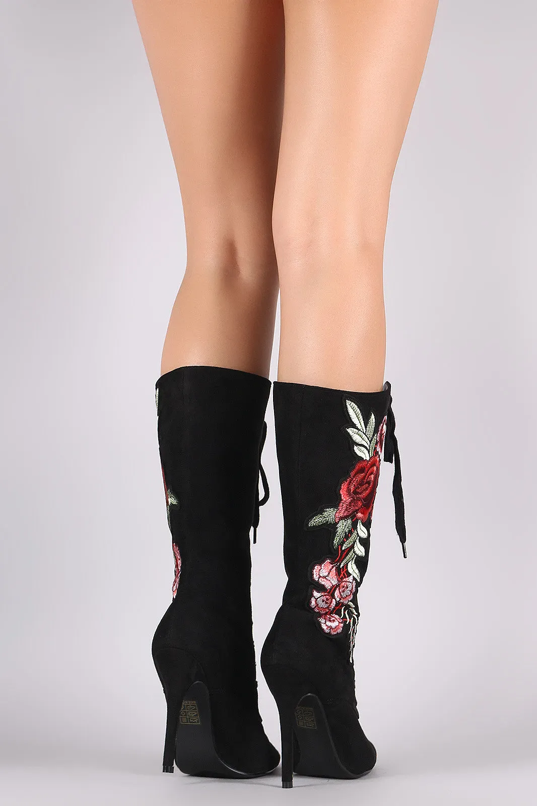 Embroidered Floral Suede Lace Up Boots