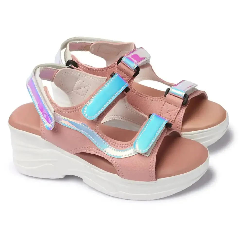 EVOLTAR Synthetic leather Iridescent metallics Trendy casual stylish Valcro closure wedges