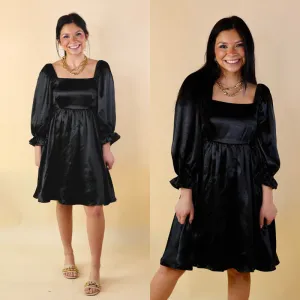 Feeling Fine Satin Babydoll Dress with 3/4 Sleeves in Black