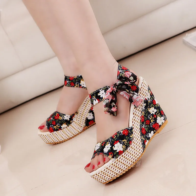 Floral Bowknot Design Wedge Sandals