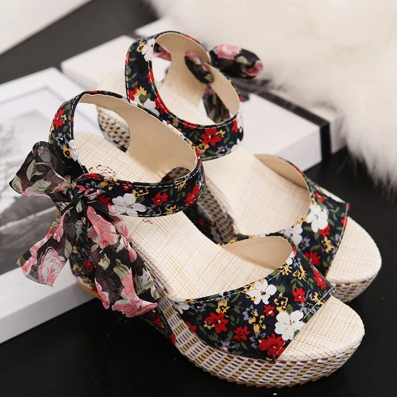 Floral Bowknot Design Wedge Sandals