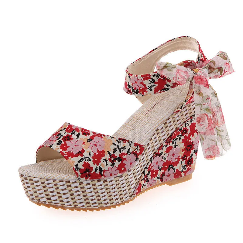 Floral Bowknot Design Wedge Sandals