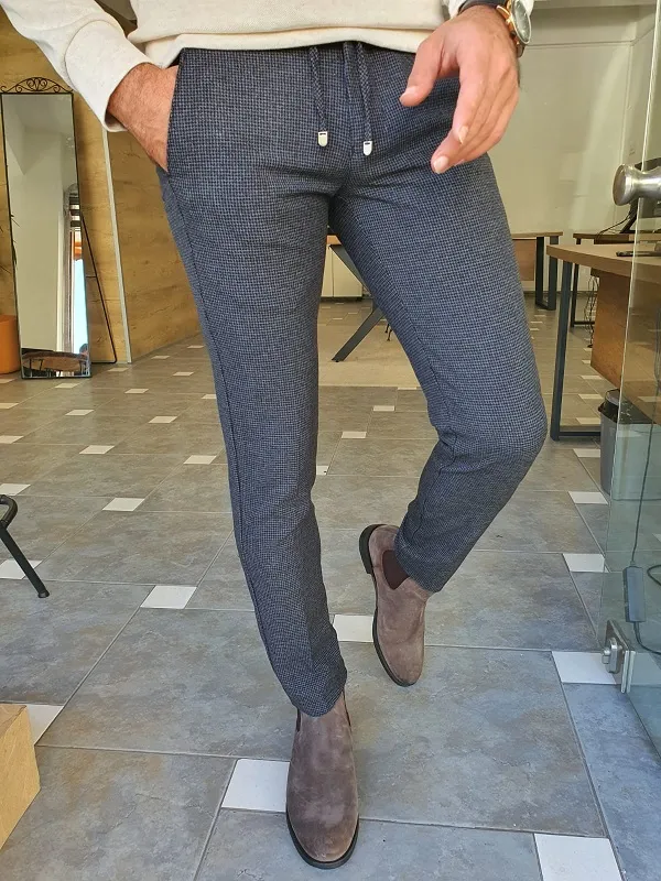 Gray Slim Fit Lace Up Plaid Pants for Men by GentWith.com