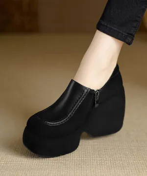 Handmade Black High Wedge Heels Cowhide Leather Beautiful Splicing RX008