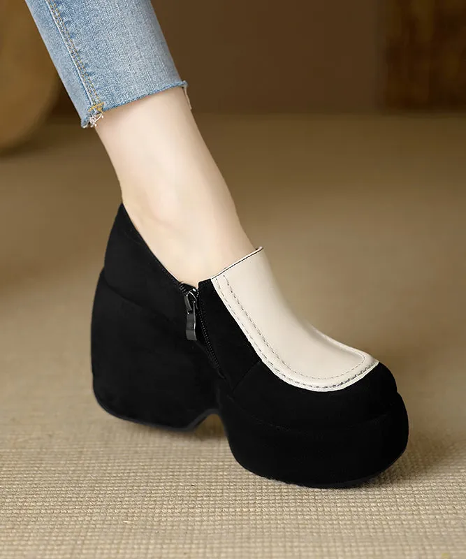 Handmade Black High Wedge Heels Cowhide Leather Beautiful Splicing RX008