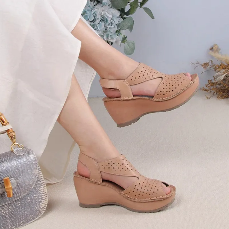 Handmade Leather Wedges Sandals Perforated Design Slingback in Black/Nude/Apricot